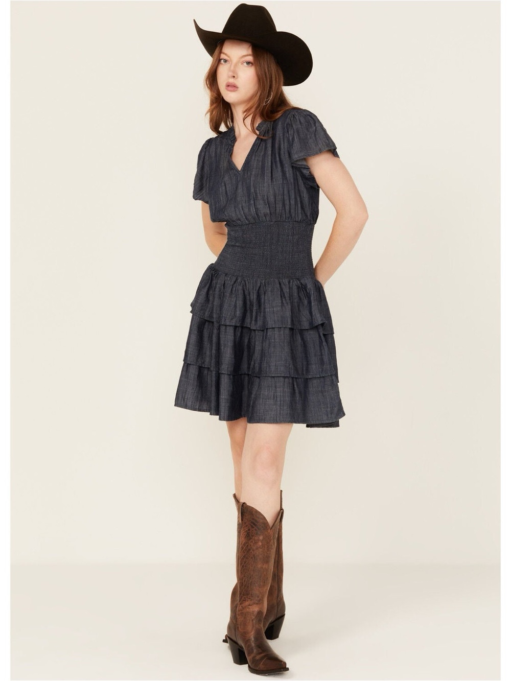 ARIAT Stellar Mini Dress Navy Chambray Smocked Waist Tiered Tencel Western | S